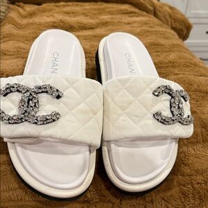 CHANEL knockoffs White Quilted Crystal CC Slide Sandals